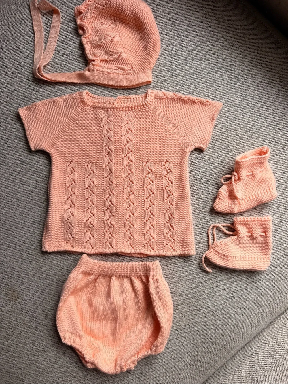 Peach Knit Baby Set - Top, Bonnet, Booties & Bloomers